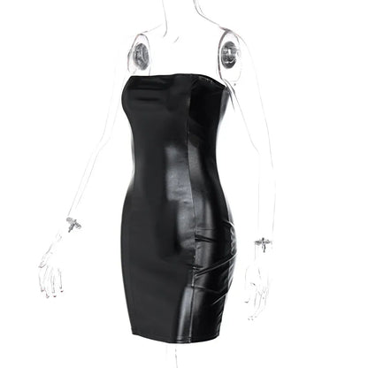 Women's Sexy Strapless Leather Black Mini Bodycon Dress