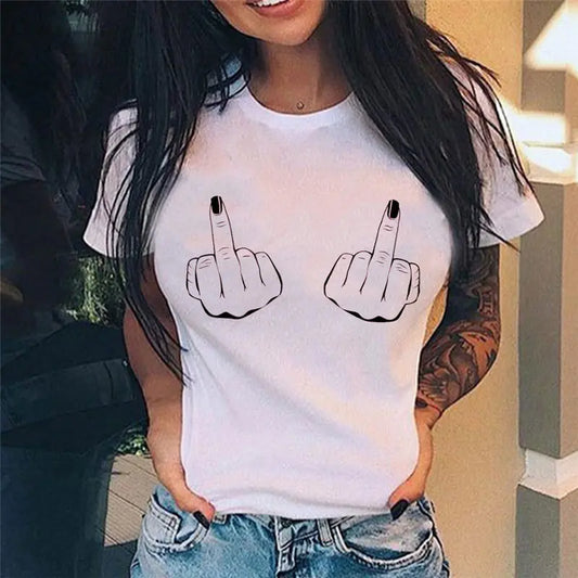 Women's Middle Finger Print Casual T-Shirt