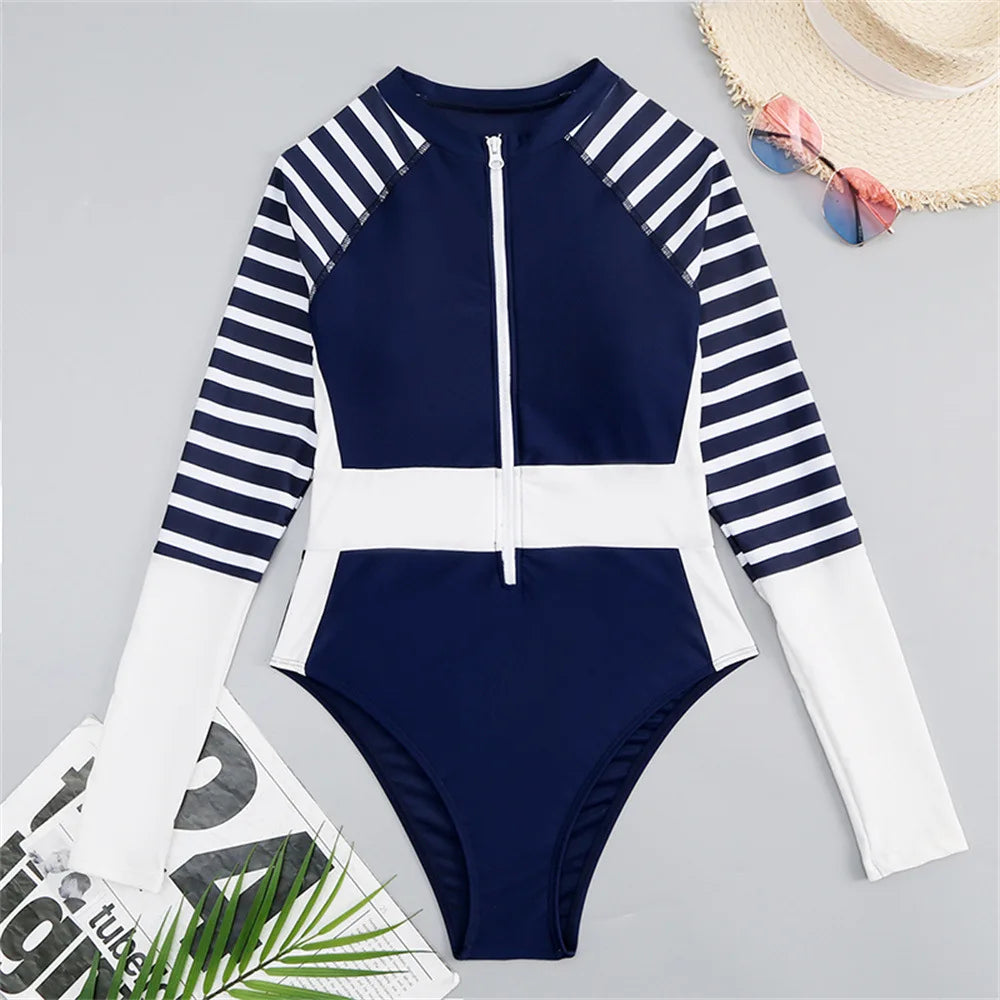 Women's Striped One-piece Long Sleeve Swimsuit with Zipper