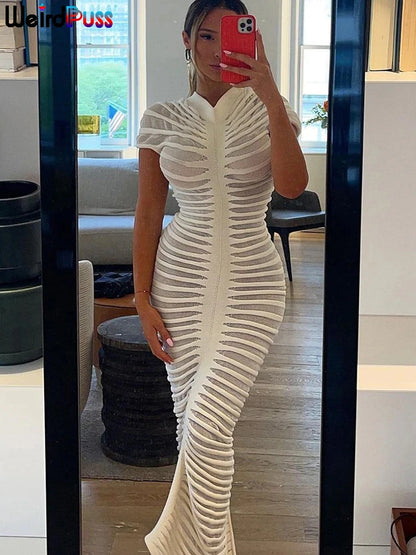 Women's Short Sleeve Knitted Striped Bodycon Dress