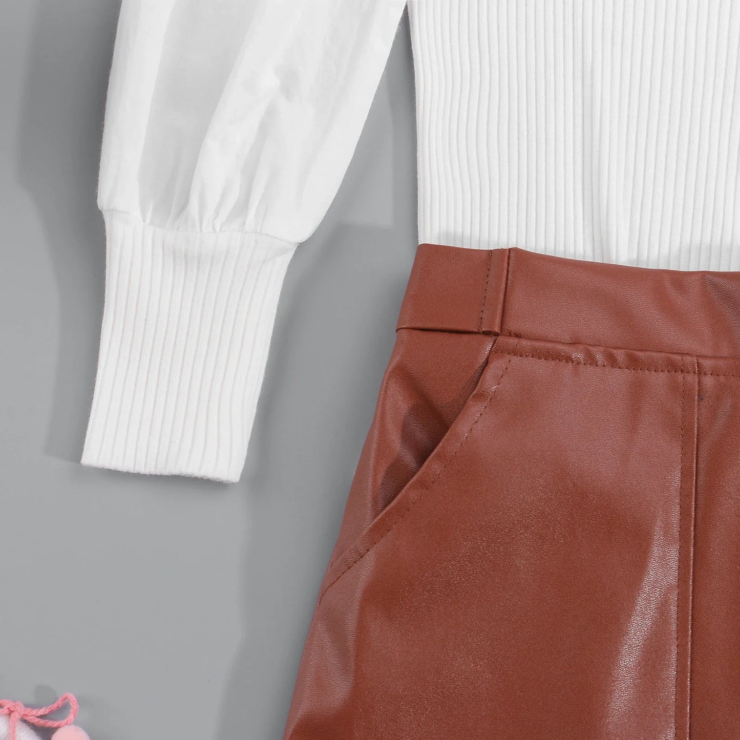 Girls' Puff Sleeve Rib Knit Top & Leather Mini Skirt 2-Piece Set