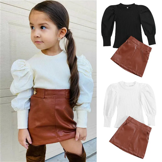 Girls' Puff Sleeve Rib Knit Top & Leather Mini Skirt 2-Piece Set