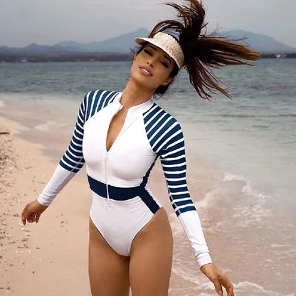 Women's Striped One-piece Long Sleeve Swimsuit with Zipper