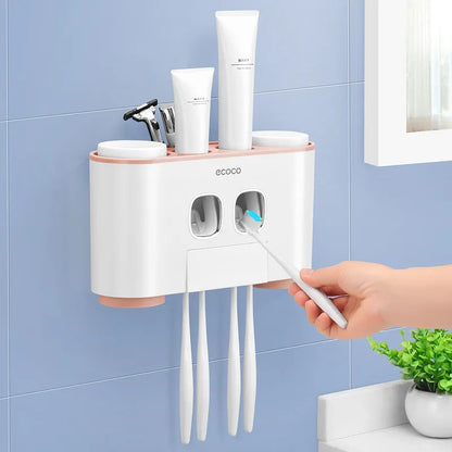Automatic Toothpaste Dispenser & Toothbrush Holder With 4 Piece Cup Set