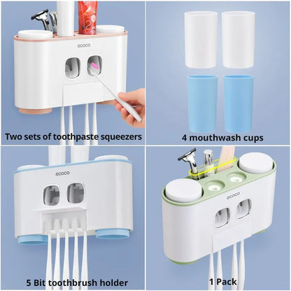 Automatic Toothpaste Dispenser & Toothbrush Holder With 4 Piece Cup Set