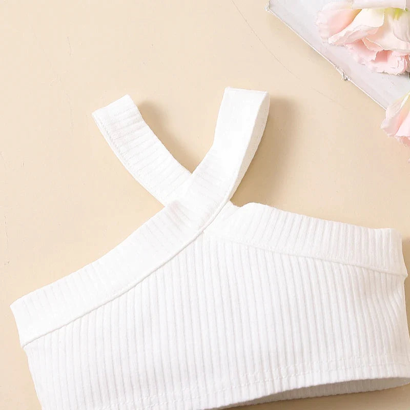 Girls' 3-Piece Summer Set - Ribbed White Sleeveless Camisole, Elastic Waist Leather Shorts & Belt