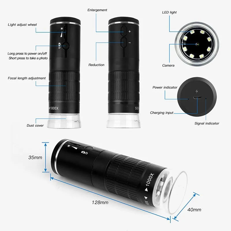 Wireless Portable Digital Microscope - 50X-1000X Magnification, For iPhone/Android/PC