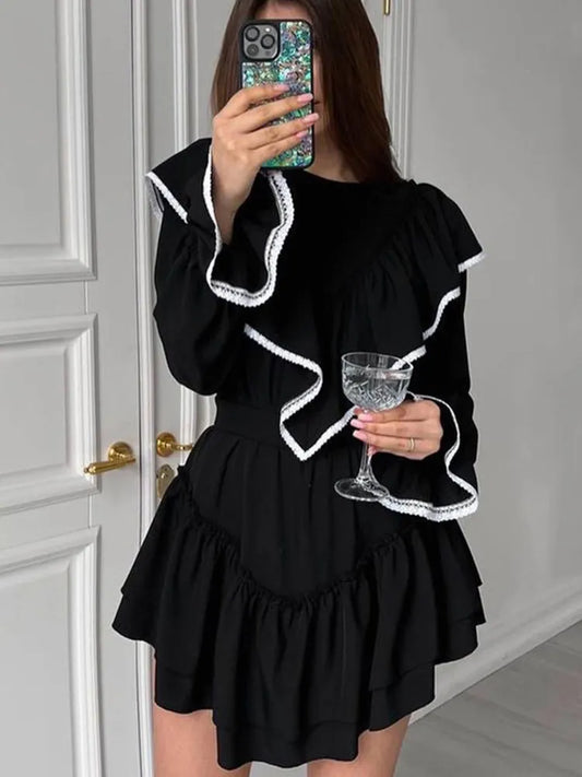 Women's Elegant Long Sleeve Ruffle Flare Mini Dress