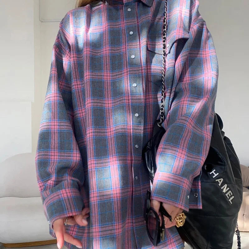 Women's Oversized Plaid Vintage Long Sleeve Shirt