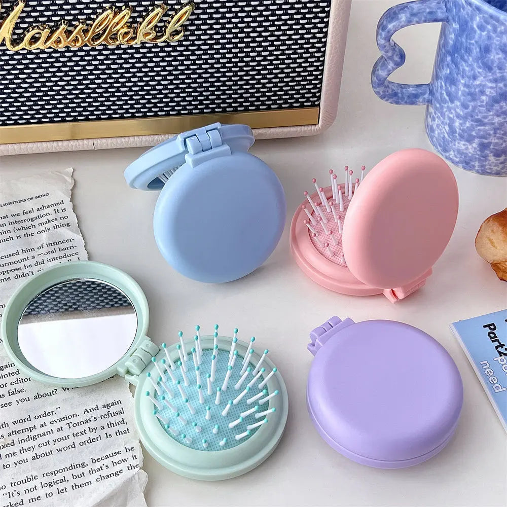 Portable Hair Brush with Folding Mirror