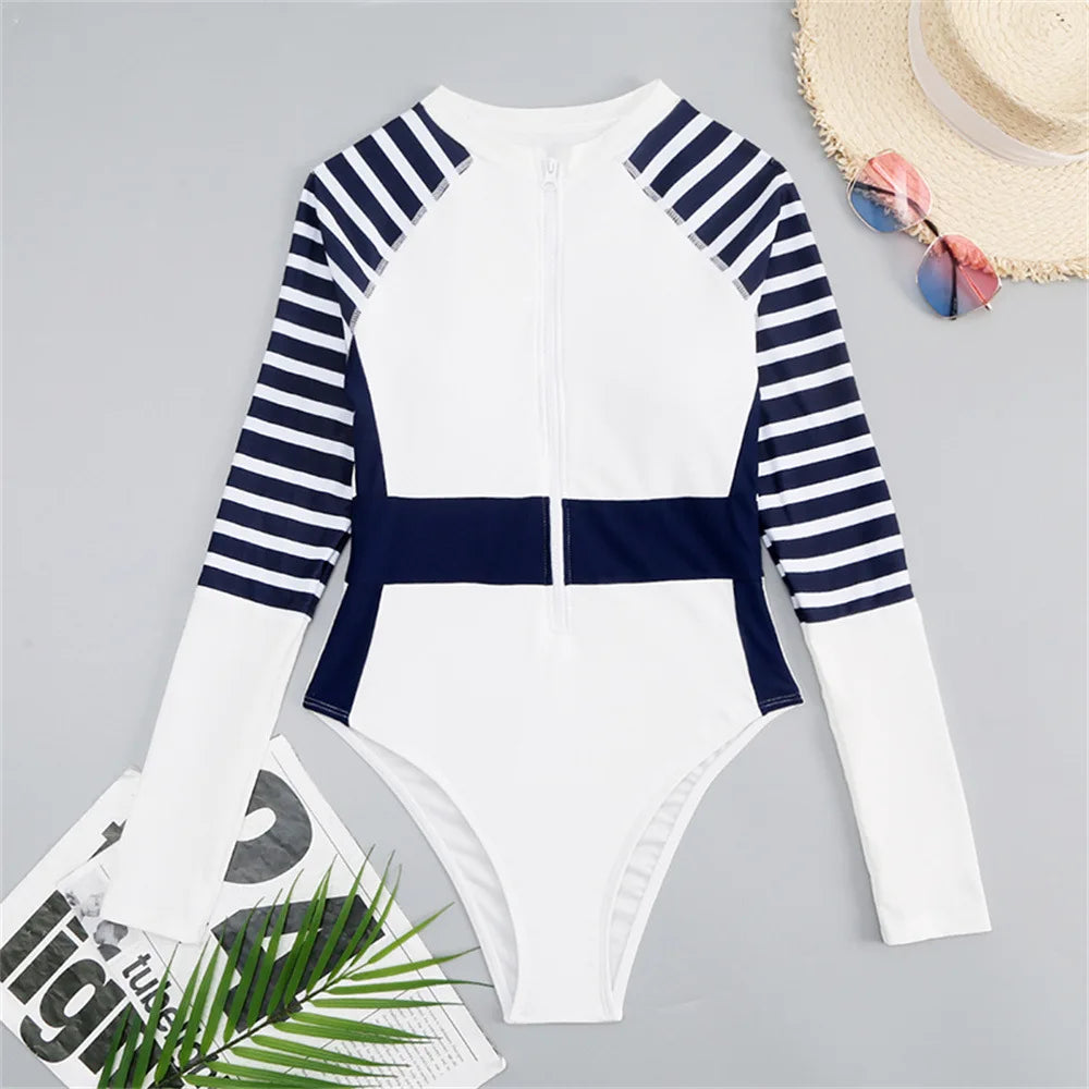 Women's Striped One-piece Long Sleeve Swimsuit with Zipper