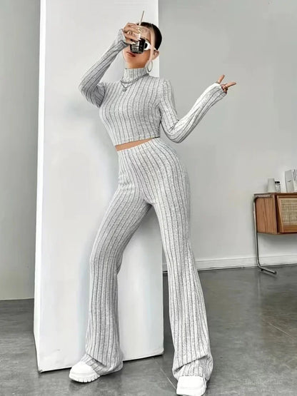 Women's 2-Piece Long Sleeve Crop Top & Flare Pants Set