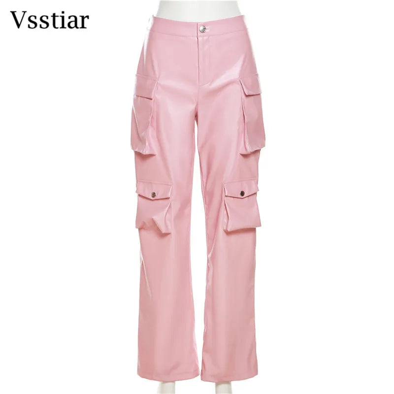 Women's Leather PU High Waist Cargo Pants