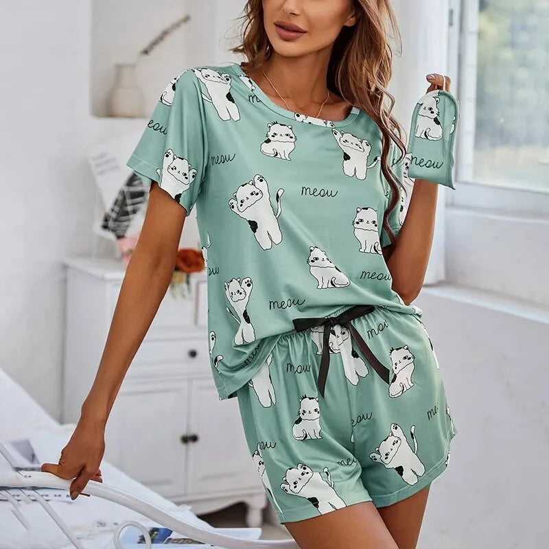 Women's 3-Piece Short Sleeve Top, Shorts & Eye Mask Pajamas Set