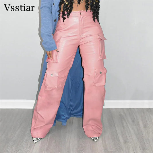 Women's Leather PU High Waist Cargo Pants