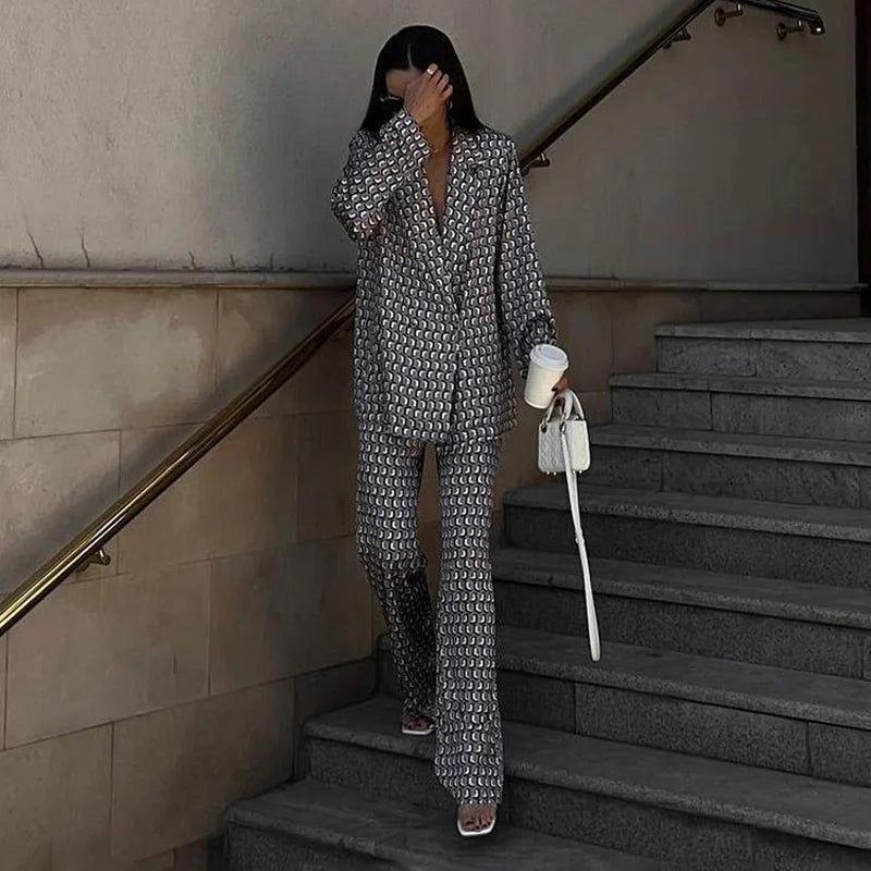 Women's Matching Satin 2-Piece Printed Long Sleeve Pants Suit Set