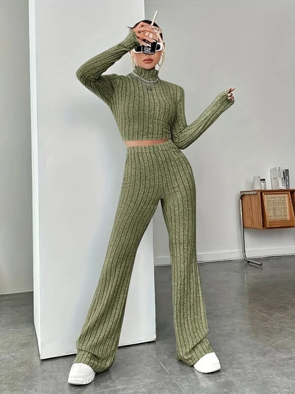 Women's 2-Piece Long Sleeve Crop Top & Flare Pants Set