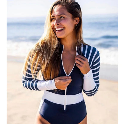 Women's Striped One-piece Long Sleeve Swimsuit with Zipper