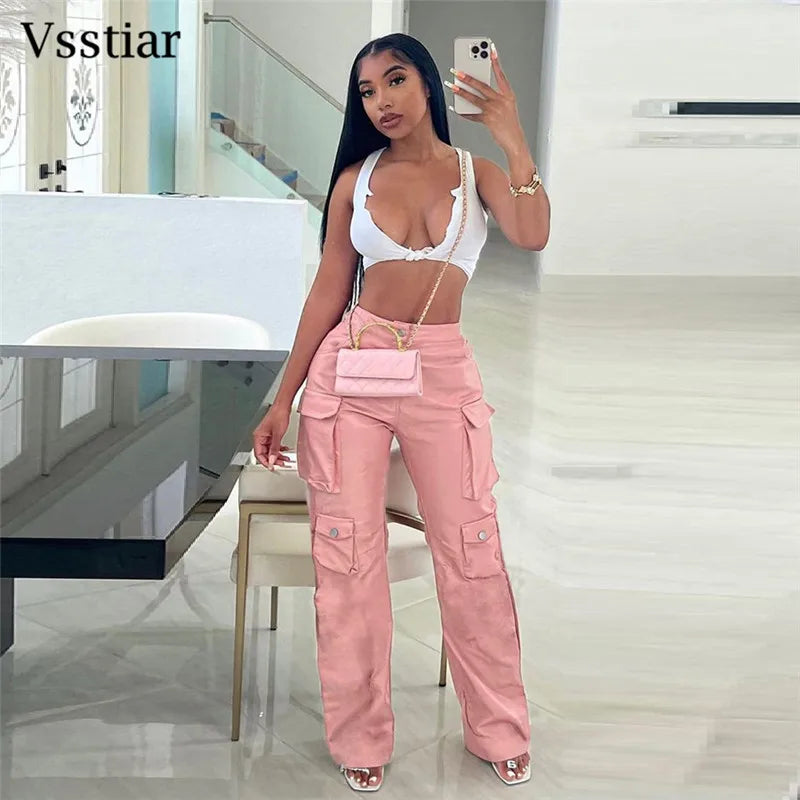 Women's Leather PU High Waist Cargo Pants