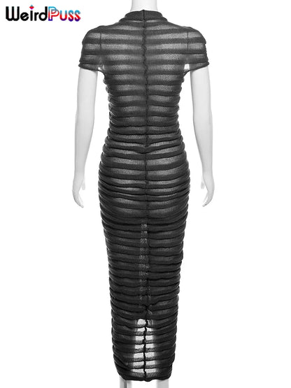 Women's Short Sleeve Knitted Striped Bodycon Dress