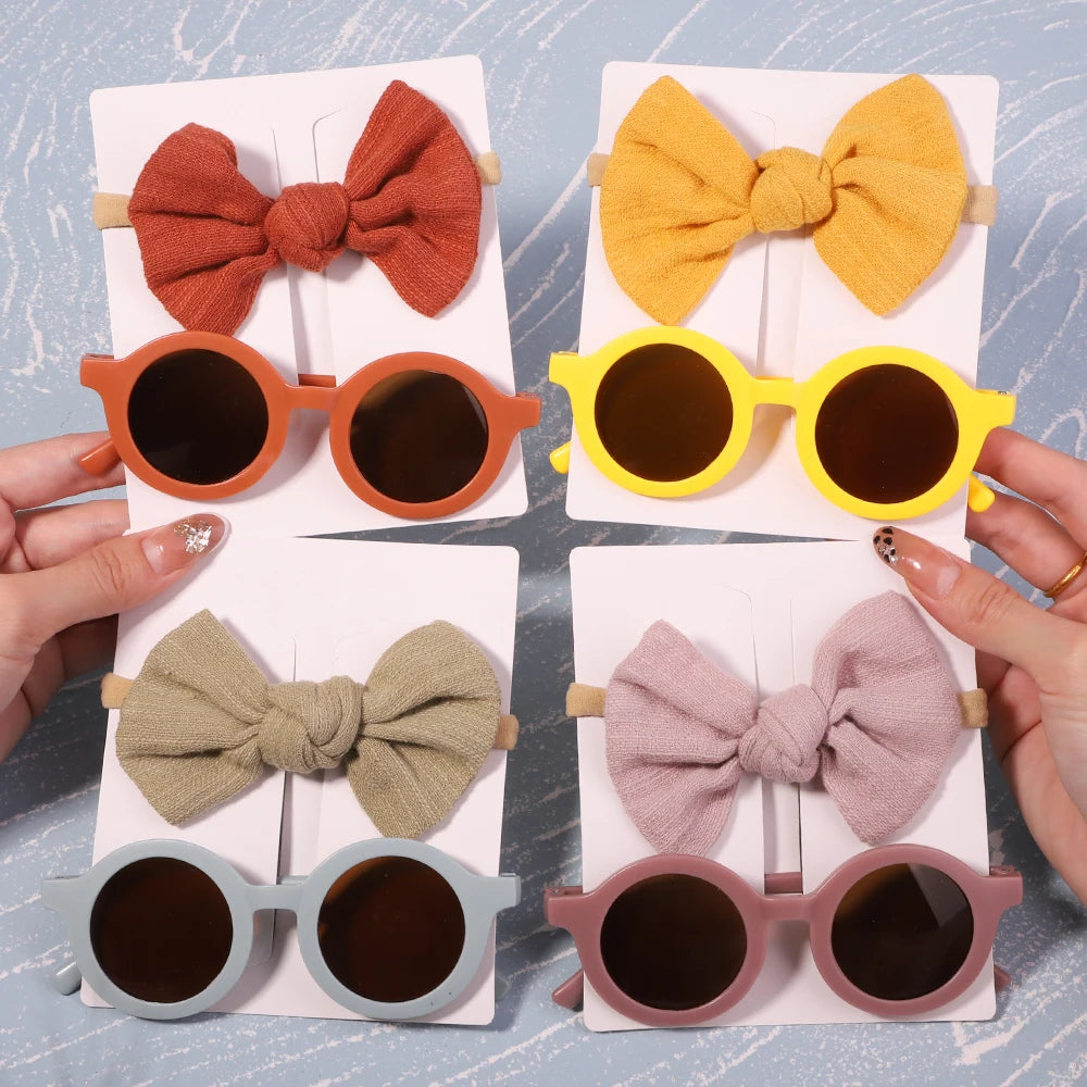 Kids' Vintage Baby Bow Headband & Round Sunglasses Set - 2Pcs/Set