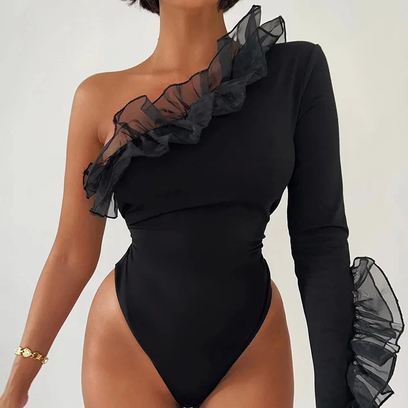 Sexy One-Shoulder Bodycon Bodysuit with Long Sleeve