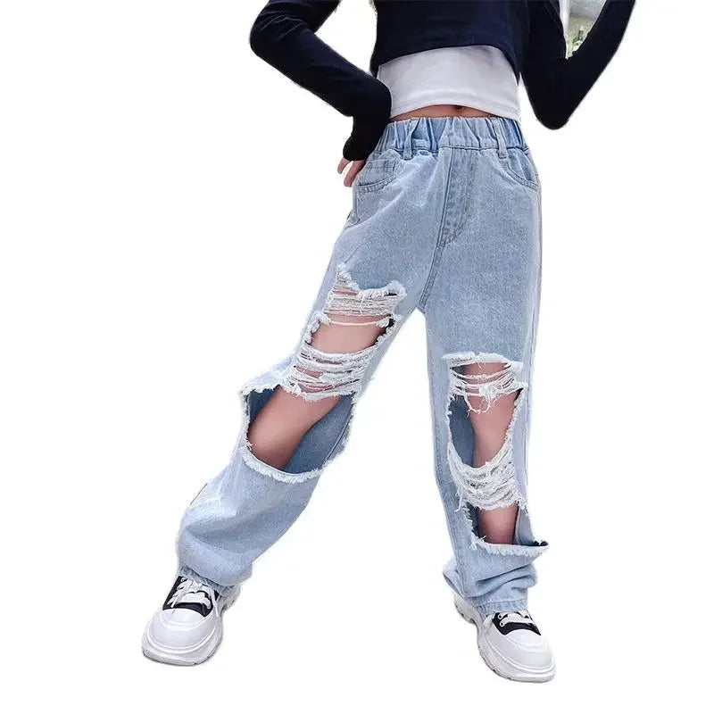 Girls' Torn Wide Leg Jeans