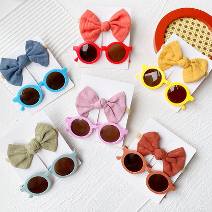 Kids' Vintage Baby Bow Headband & Round Sunglasses Set - 2Pcs/Set