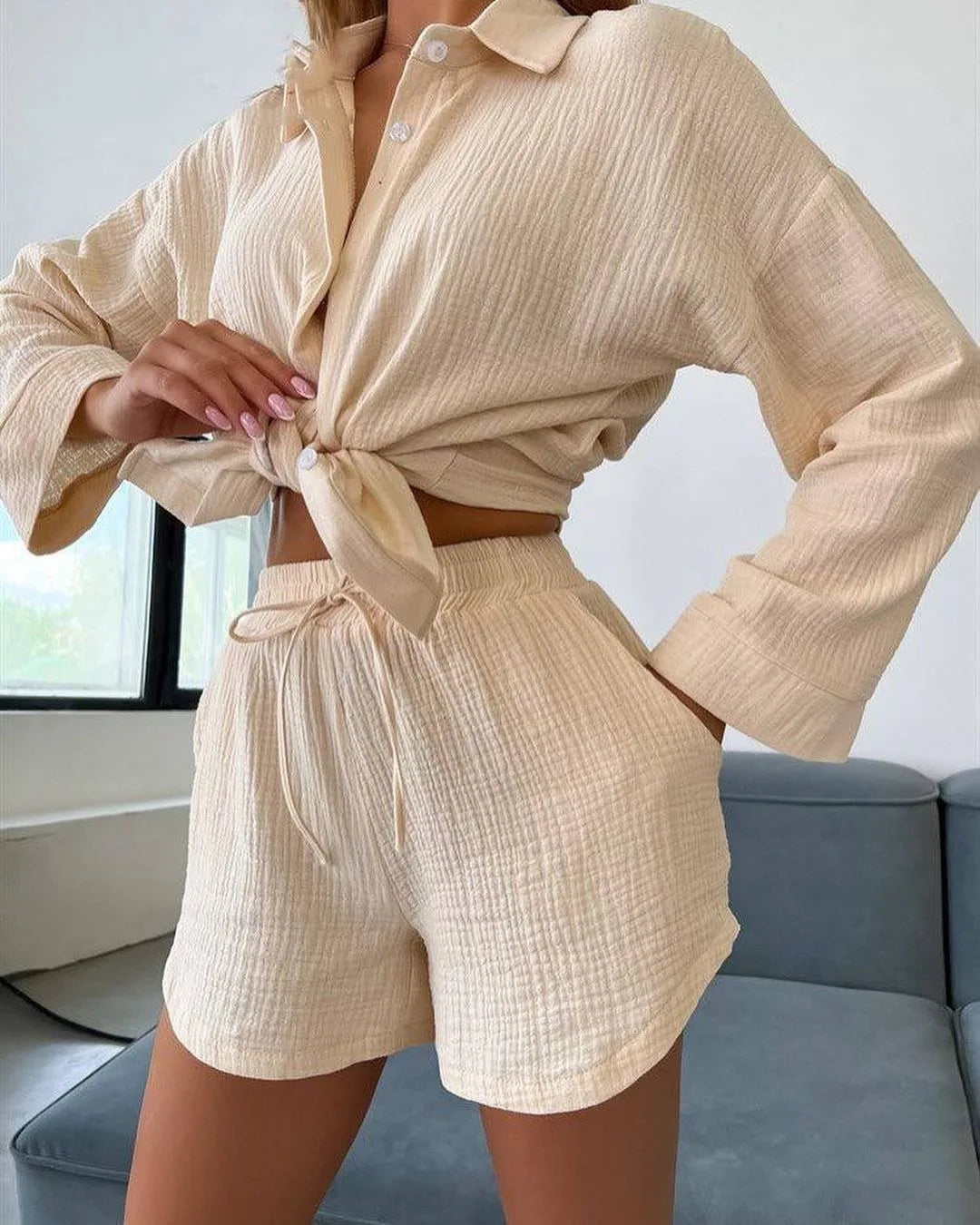 Women's 2-Piece Solid Pleated Shorts & Long Sleeve Shirt Set