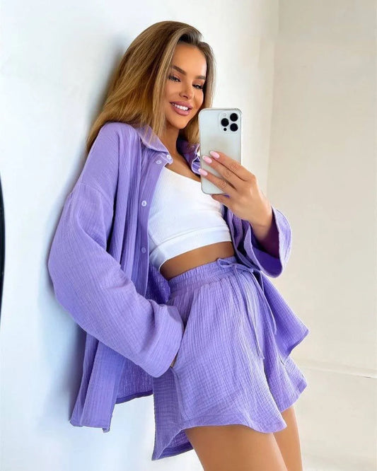 Women's 2-Piece Solid Pleated Shorts & Long Sleeve Shirt Set