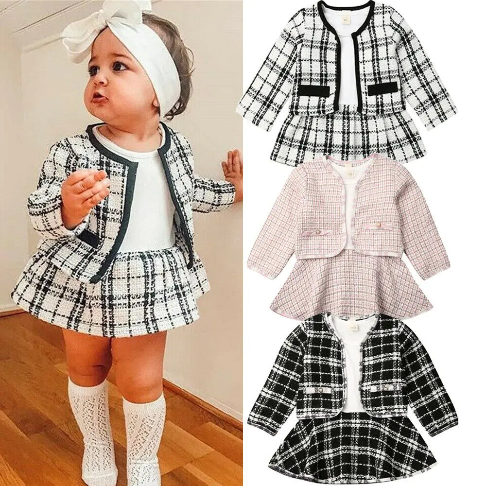 Girls' Plaid Coat Top & Mini Dress 2-Piece Set