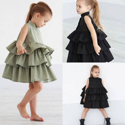 Girls' O-Neck Cake Ruffled Bubble Dress