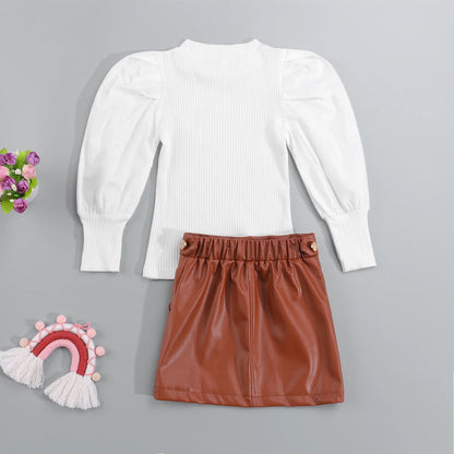 Girls' Puff Sleeve Rib Knit Top & Leather Mini Skirt 2-Piece Set