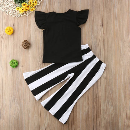 Girls' 2-Piece Toddler Casual Petal Sleeve Top & Striped Flare Pants Set