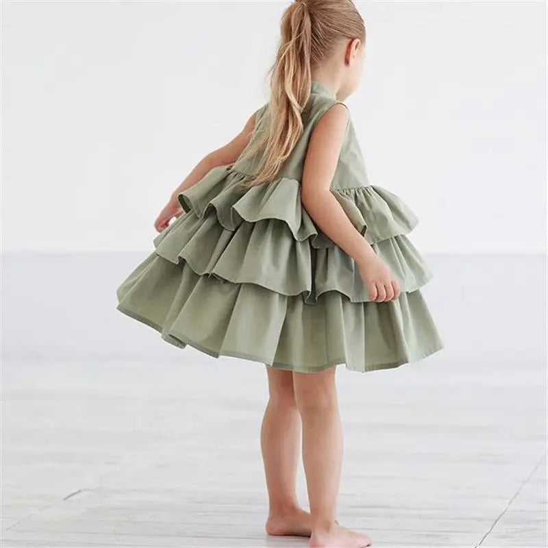 Girls' O-Neck Cake Ruffled Bubble Dress