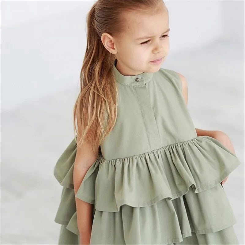 Girls' O-Neck Cake Ruffled Bubble Dress