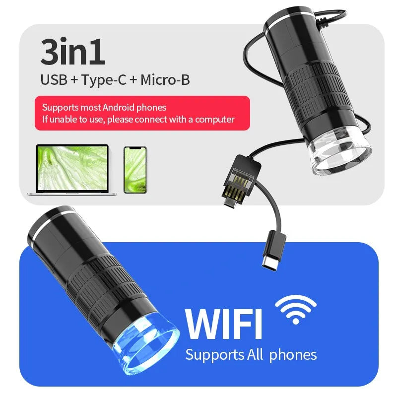 Wireless Portable Digital Microscope - 50X-1000X Magnification, For iPhone/Android/PC