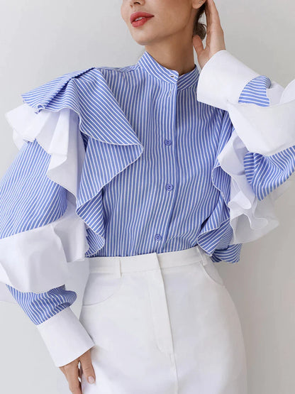 Women's Elegant Ruffled Long Sleeve Striped Shirt