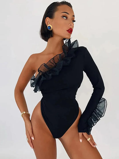 Sexy One-Shoulder Bodycon Bodysuit with Long Sleeve