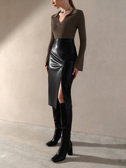 Women's Midi High Waist Pencil Leather Skirt