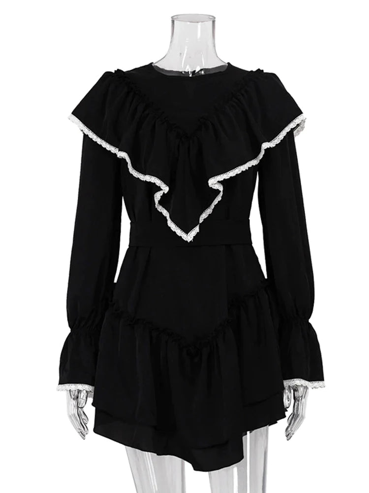 Women's Elegant Long Sleeve Ruffle Flare Mini Dress