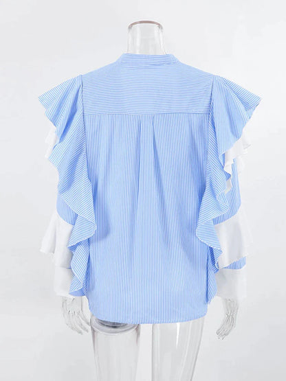 Women's Elegant Ruffled Long Sleeve Striped Shirt