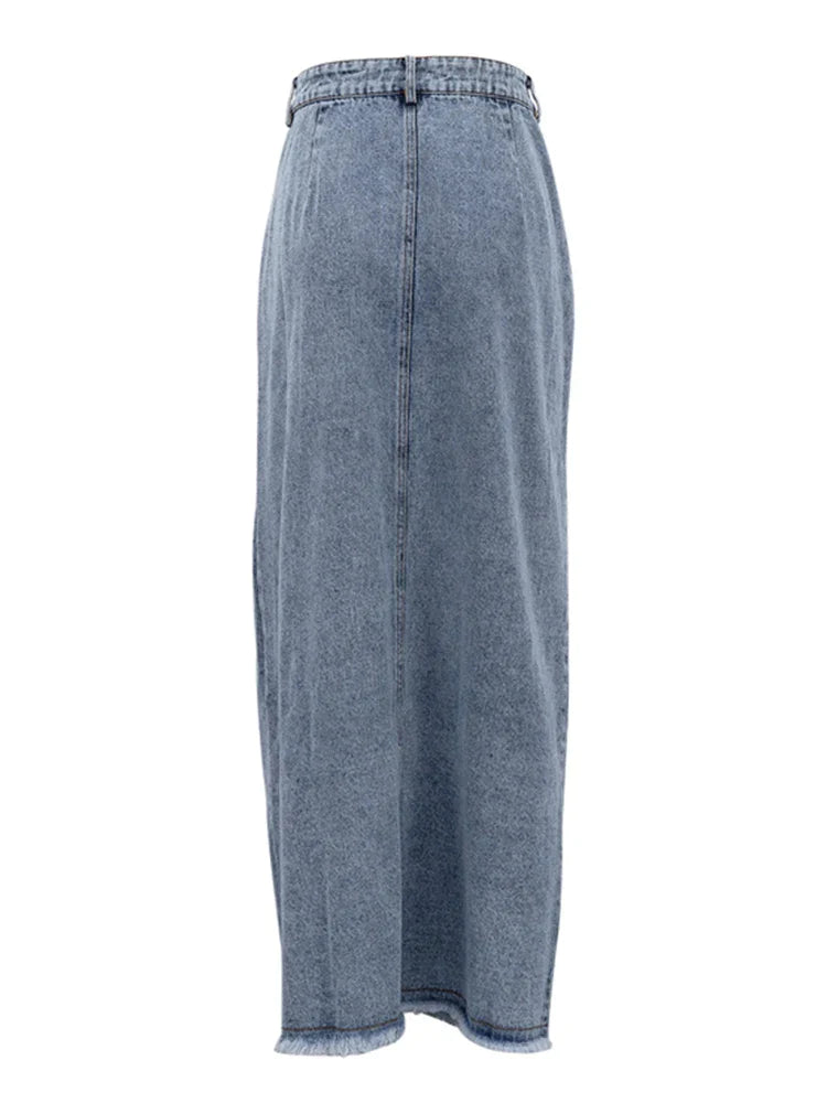 Women's High Waist Vintage Solid A-Line Maxi Denim Skirt With Slit