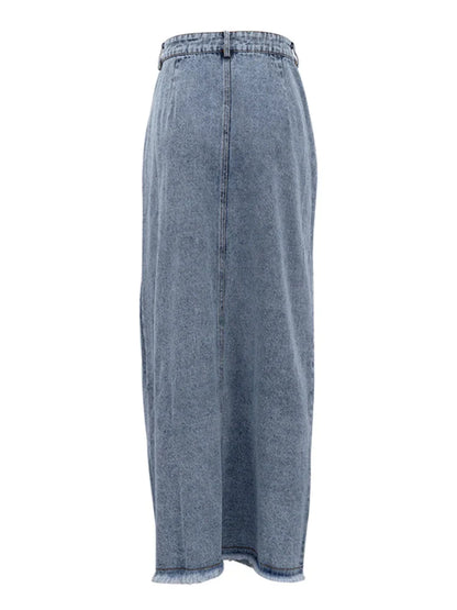 Women's High Waist Vintage Solid A-Line Maxi Denim Skirt With Slit