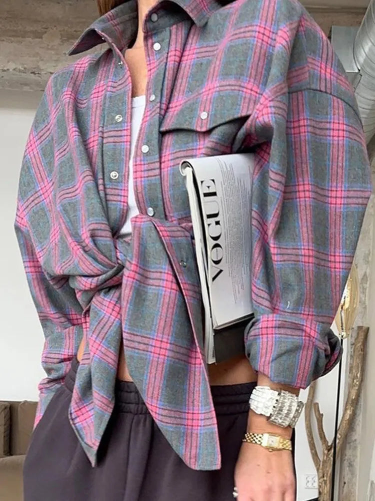 Women's Oversized Plaid Vintage Long Sleeve Shirt