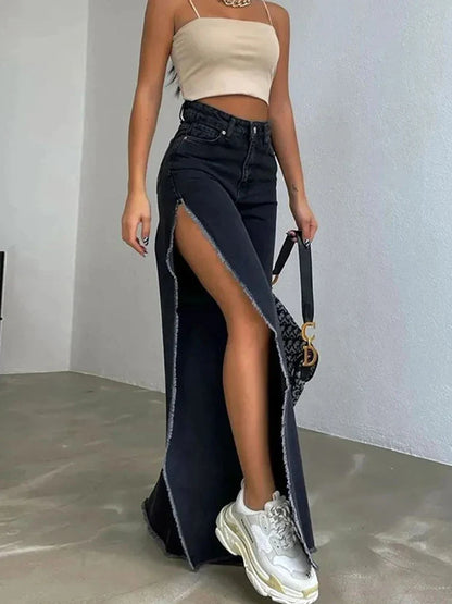 Washed High Waist Flare Side Slit Denim Jeans