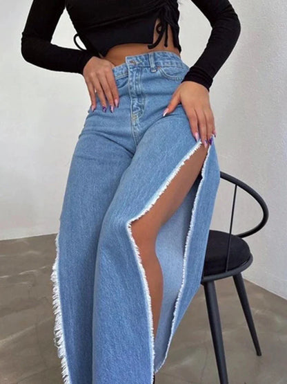 Washed High Waist Flare Side Slit Denim Jeans