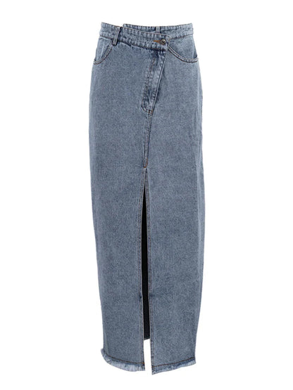 Women's High Waist Vintage Solid A-Line Maxi Denim Skirt With Slit