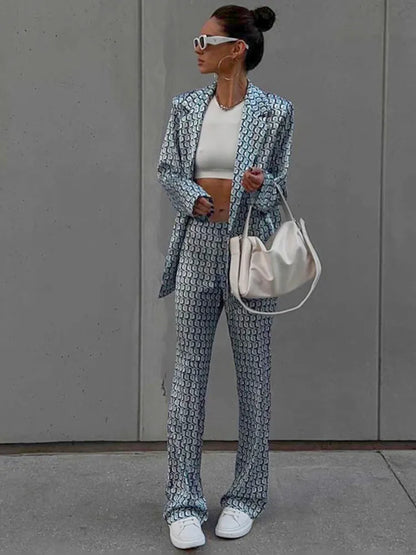 Women's Matching Satin 2-Piece Printed Long Sleeve Pants Suit Set