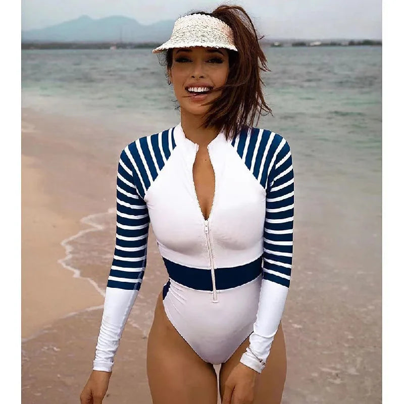 Women's Striped One-piece Long Sleeve Swimsuit with Zipper